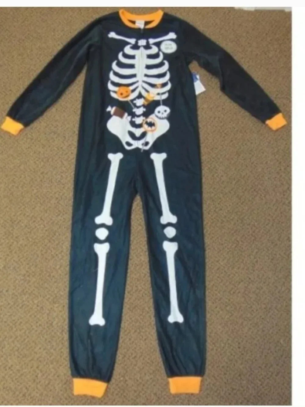 Skeleton 1 Pc Halloween Pajamas 14/16 Glow in Dark Black Fleece Zip Up Kids